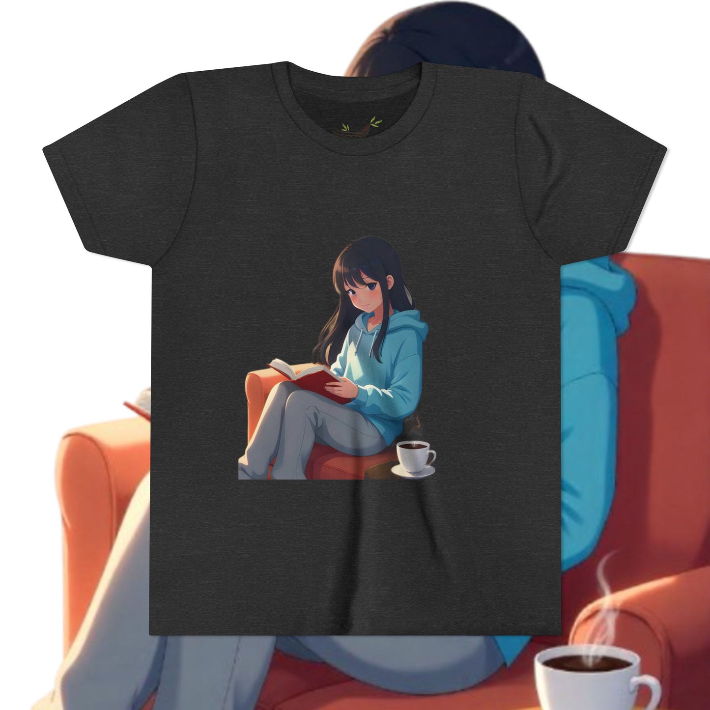 Cozy Reading Youth Tee - Cute Illustrated Girl with Book and Coffee