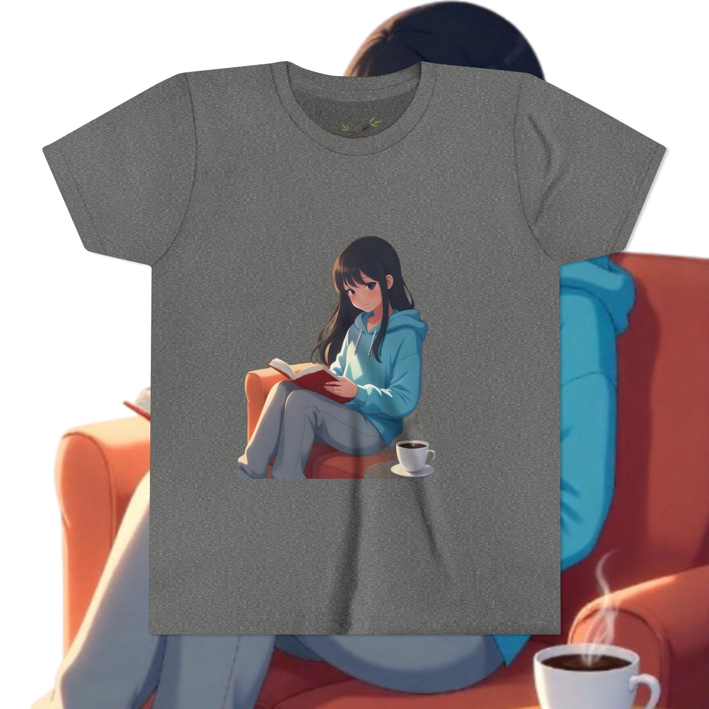 Cozy Reading Youth Tee - Cute Illustrated Girl with Book and Coffee